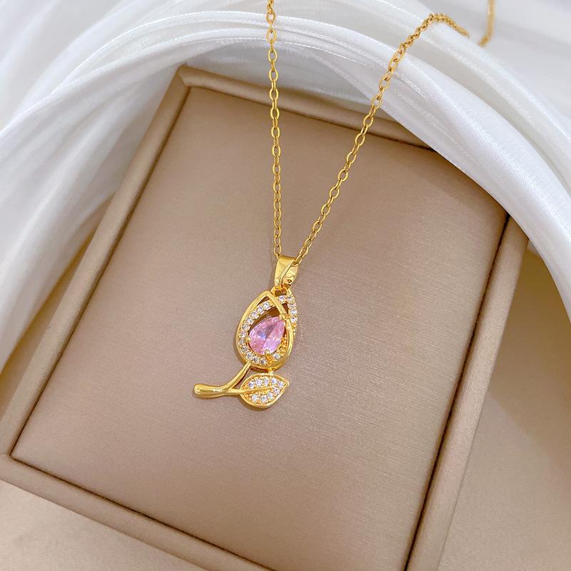 Pink Tulip Light Luxury Temperament Gorgeous Full Diamond Necklace Female Versatile Collarbone Chain Titanium Steel Chain