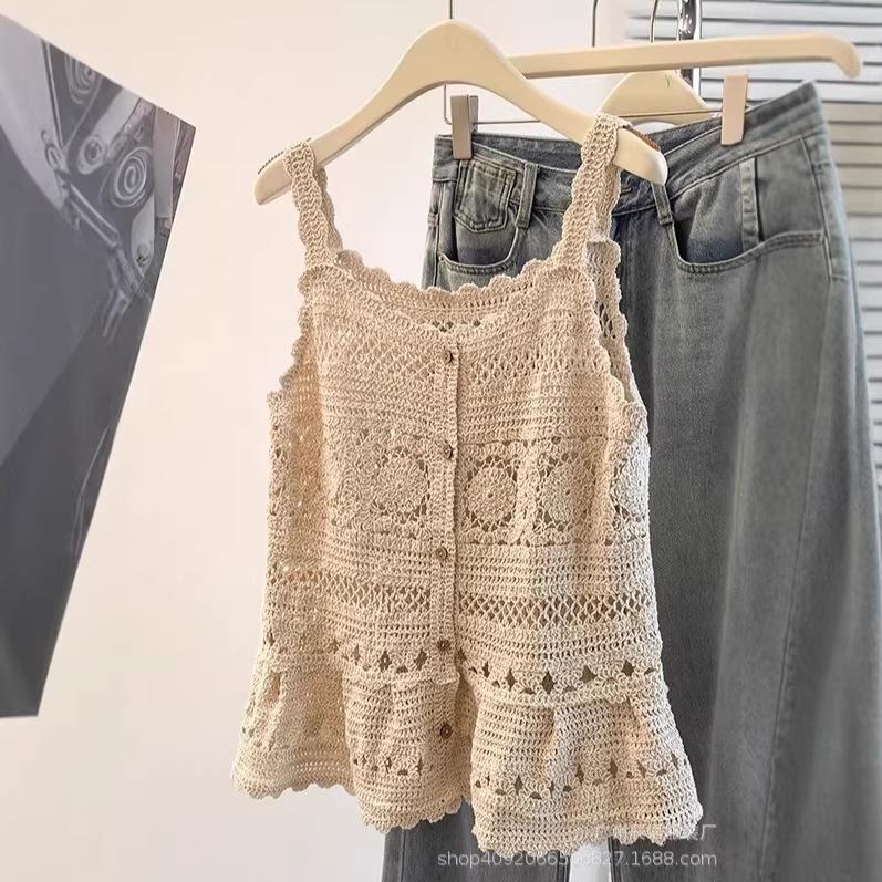 Bohemian Hollowed-out Sling Vest for Women, New Early Spring Large Size Fat Mm Stacked Vest Top