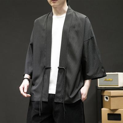 Męska czarna kurtka Haori w chińskim stylu z otwartym przodem