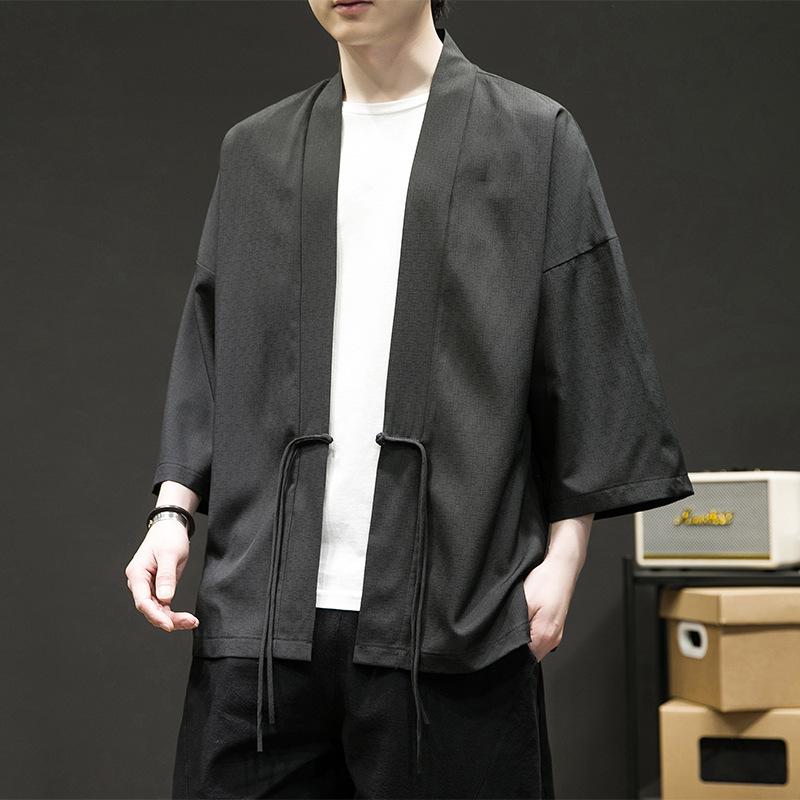 

Mens Black Chinese Style Open Front Haori Jacket M білий