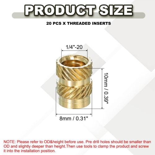 PATIKIL 1/4"-20x10x8mm Threaded Insert, Brass Heat-Set Insert Female Threaded Insert Nut, Recessed Nut for Plastic and 3D Printed Parts, Gold