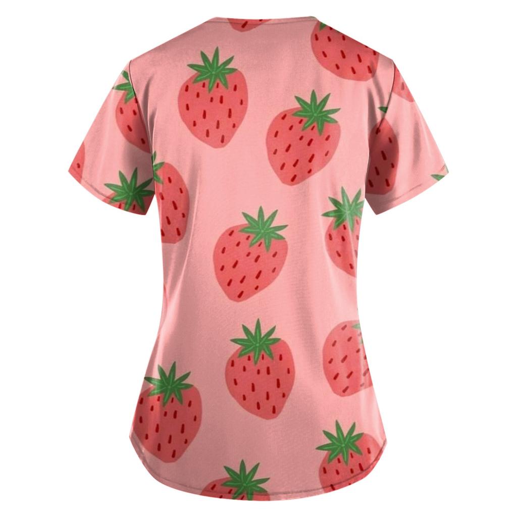 Women Fashion Spring And Summer Oil Painting Print V-neck Short Sleeve Workwear With Pockets Tops