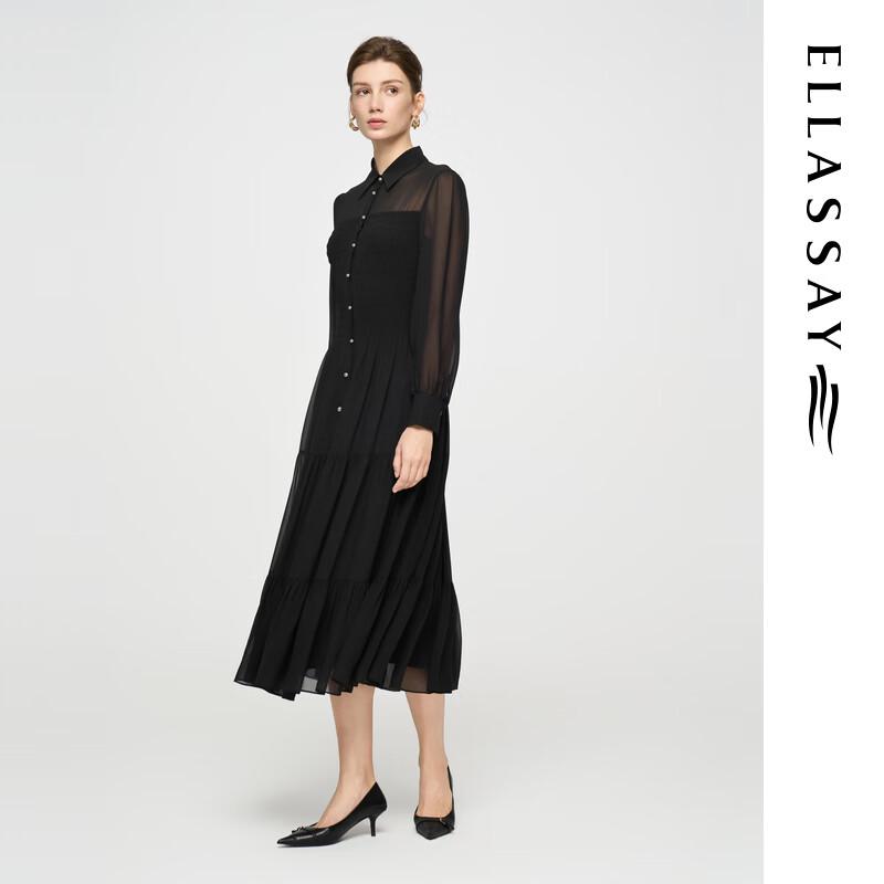 ELLASSAY 2025 Early Autumn Elegant Black Chiffon Tiered Long Sleeve Dress