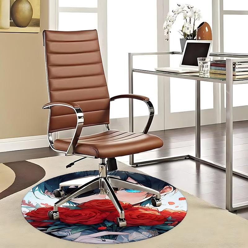 1pc Anime Design Round Carpet Blue Eyed Boy with Roses Chair Mat, Anti Slip Rug for Office & Home Decor 80cm