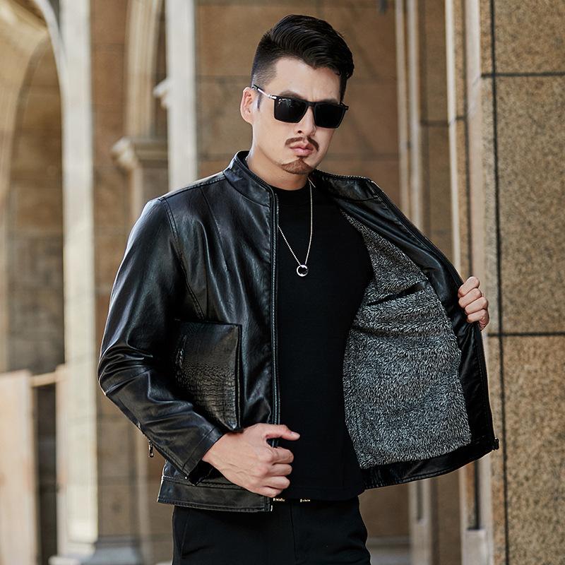 Winter new velvet leather jacket men's casual fashion trendy leather jacket men's thermal stand-up collar jacket men's clothing