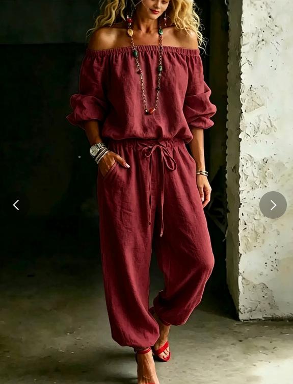 Womens Off Shoulder Long Sleeve Top Drawstring Waist Tapered Pants Two Piece Casual Outfit