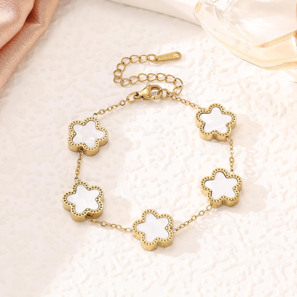 SHEIN 18K Gold-Plated Five-Petal Flower Jewelry Set: Bracelet, Necklace & Stud Earrings In Non-Fading Titanium Steel