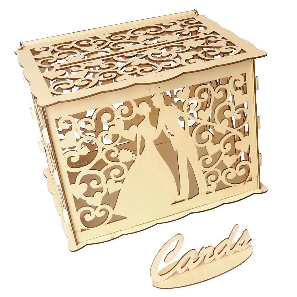 Wooden Wedding Card Box Wedding Decoration Supplies DIY Mr&Mrs Couple Flower Pattern Envelope Sign Cards Wood Box