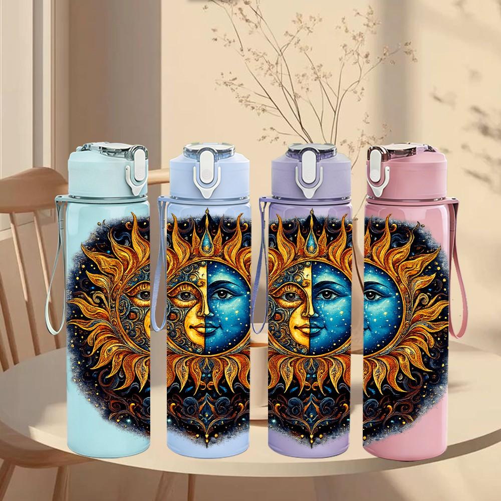 1PC Sun Face Bohemian Art Print 750ml Color Plastic Sports Water Bottle Leakproof Flip Straw Lid Suitable for Sports Office Home Use