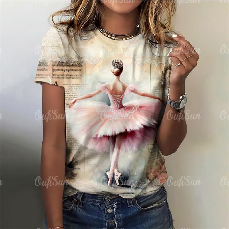 

Принт балетной танцовщицы Винтажная футболка Элегантные женские футболки Пуловеры Повседневные топы с коротким рукавом Женская одежда Свободная уличная одежда L