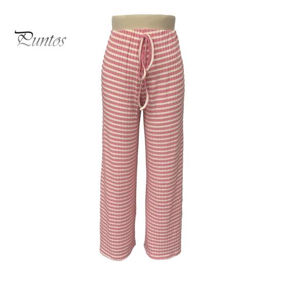 Comfortable Pants Women Casual Wide Leg Trousers Elastic Waist Adjustable Striped Drawstring Design Loose Fit Daily Wear