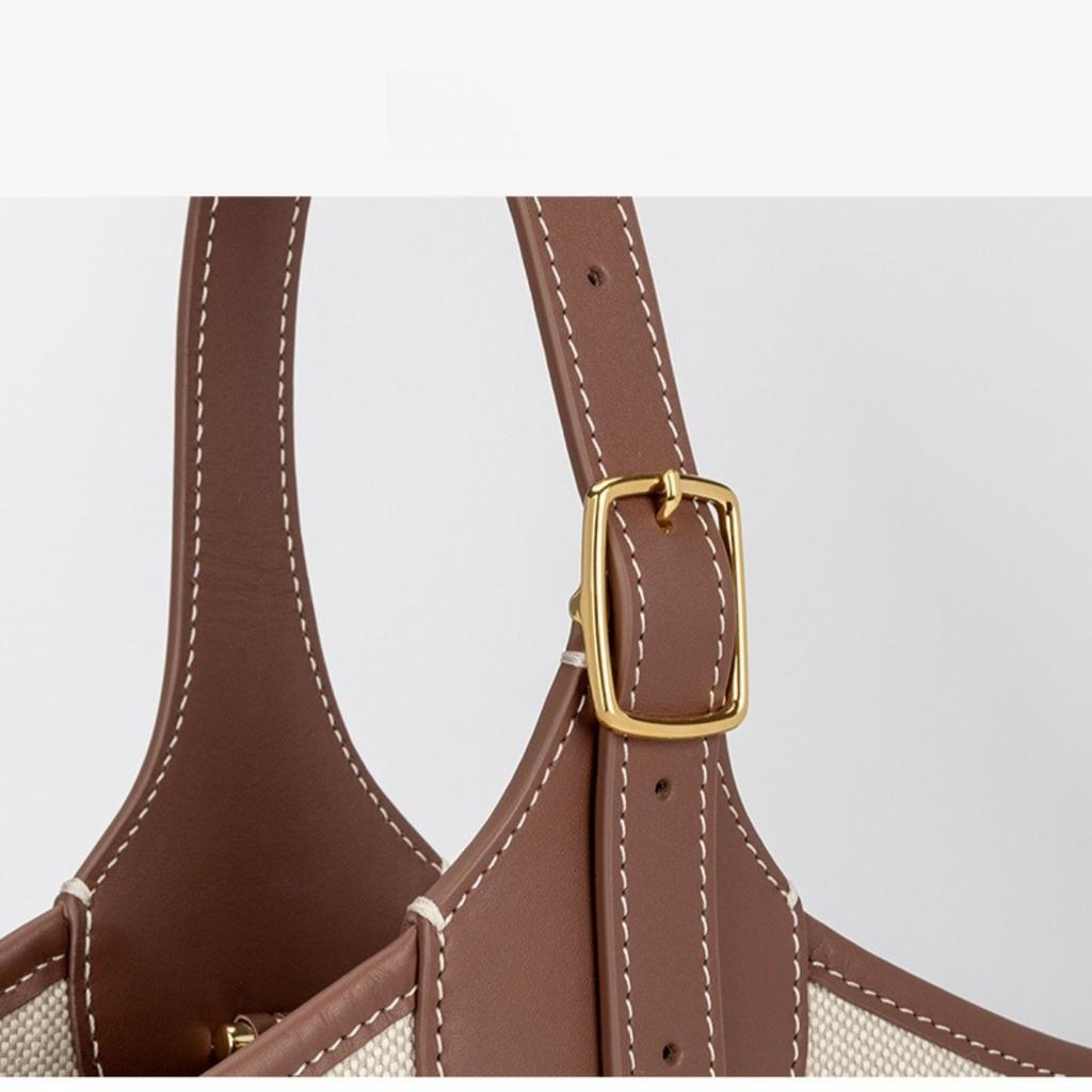 Women's Canvas & Genuine Leather Tote Bag, Small Bucket Shoulder Handbag, 20.8×13×15.7cm, for Work & Daily Use