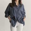 Women's Spring/Summer Mid-Length Loose-Fit Long-Sleeve Shirt with Vertical Stripes, Button-Down Polo Collar, and Business-Casual Style