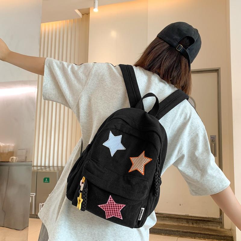 School bag Star Corduroy Shopping Small Backpack for Women, 1011 New High School Student Solid Color Double Shoulder Ins Versatile School Bag