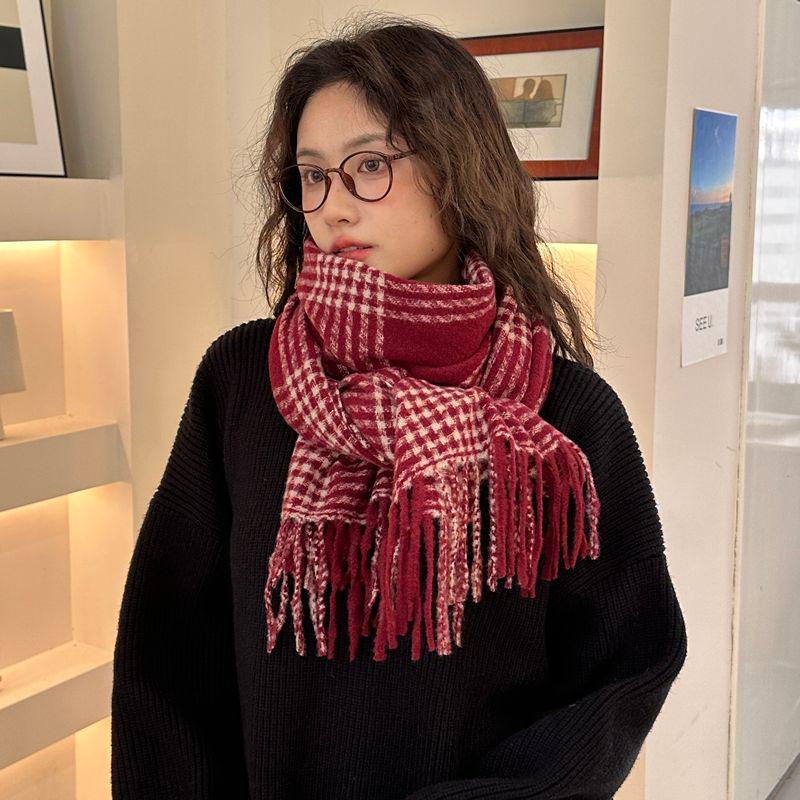 Women's Red Plaid Cashmere-Like Scarf Shawl - Warm, Versatile, Fashionable for Autumn and Winter