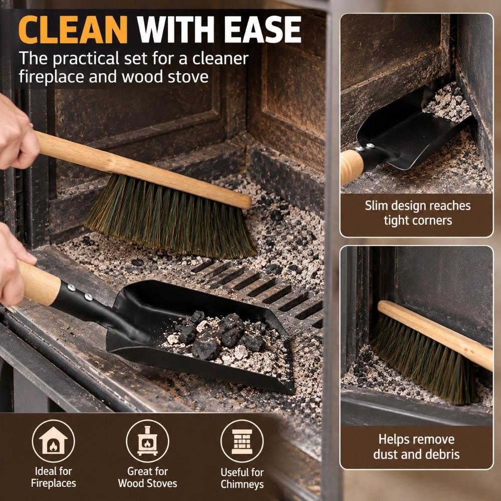 Black Silicone Gloves Hearth Brush Set Natural Wood Handle Coal Shovel Set Hearth Maintenance