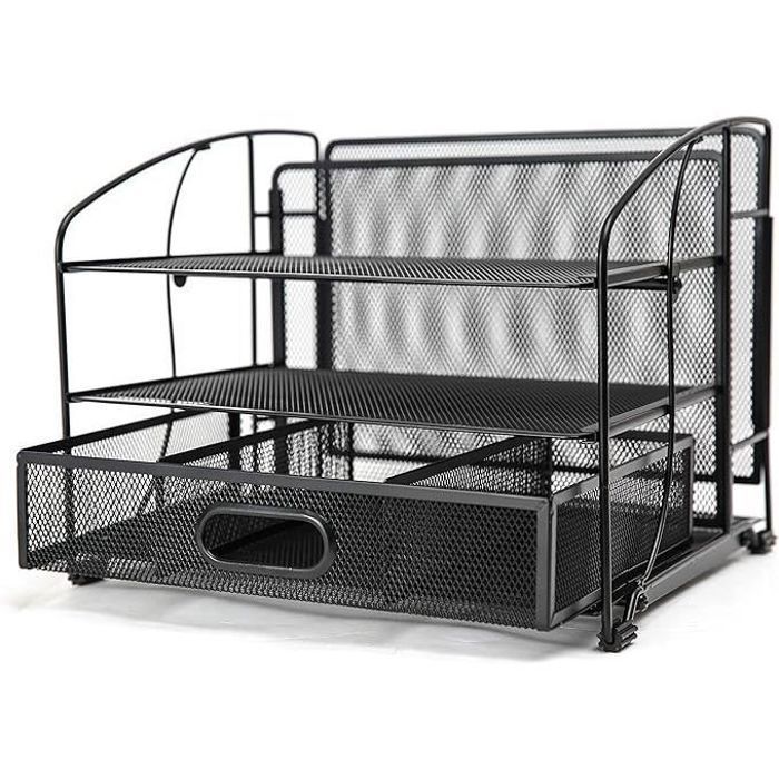 Organisateur De Bureau - Exerz - 3 Plateaux - Tiroir Coulissant - Métal Maillé - Noir Nouveau