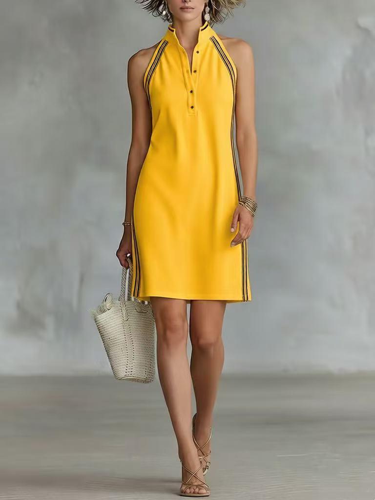Sleeveless Solid Color Button-up Stand Collar Mini Dress