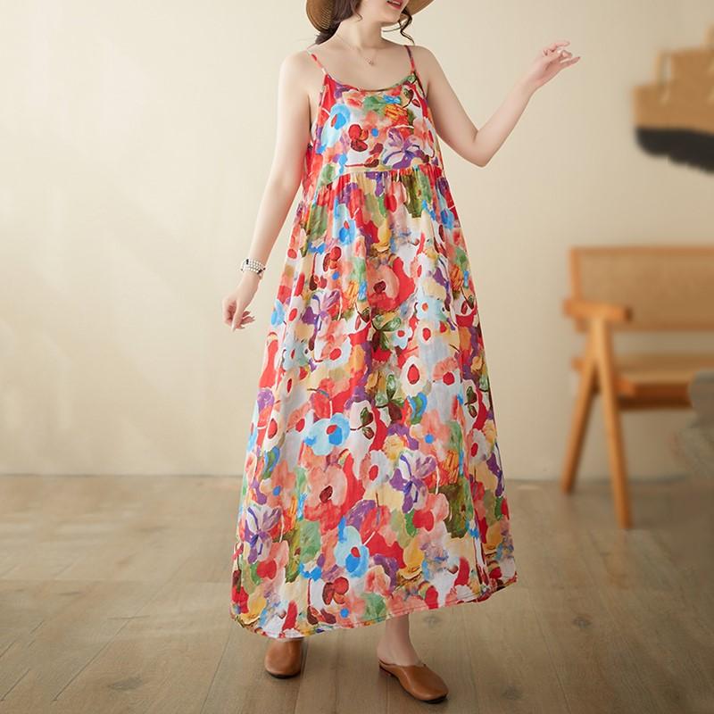 

Хлопок без рукавов на бретельках больших размеров, новые винтажные платья с цветочным принтом для женщин, повседневное свободное длинное летнее платье XXL