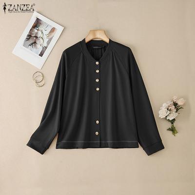 Women Casual Round Neck Solid Color Loose Long Sleeve Blouse