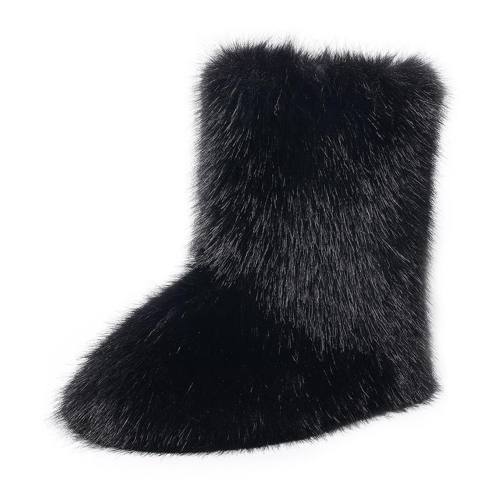 Women's Furry Faux Fur Boots Fuzzy Fluffy Mid Calf Snow Boots Winter Suede Warm Fur Lined Booties Flat Boots for Women Casual Ankle Booties Shoes