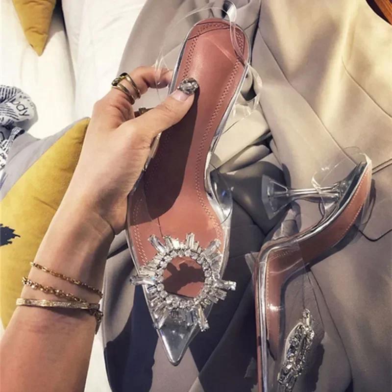 Luxury Designer CRYSTAL Diamond PVC Transparent High Heels Women Sexy Pointed Toe Women Pumps Elegant Banquet Prom Dress Shoes