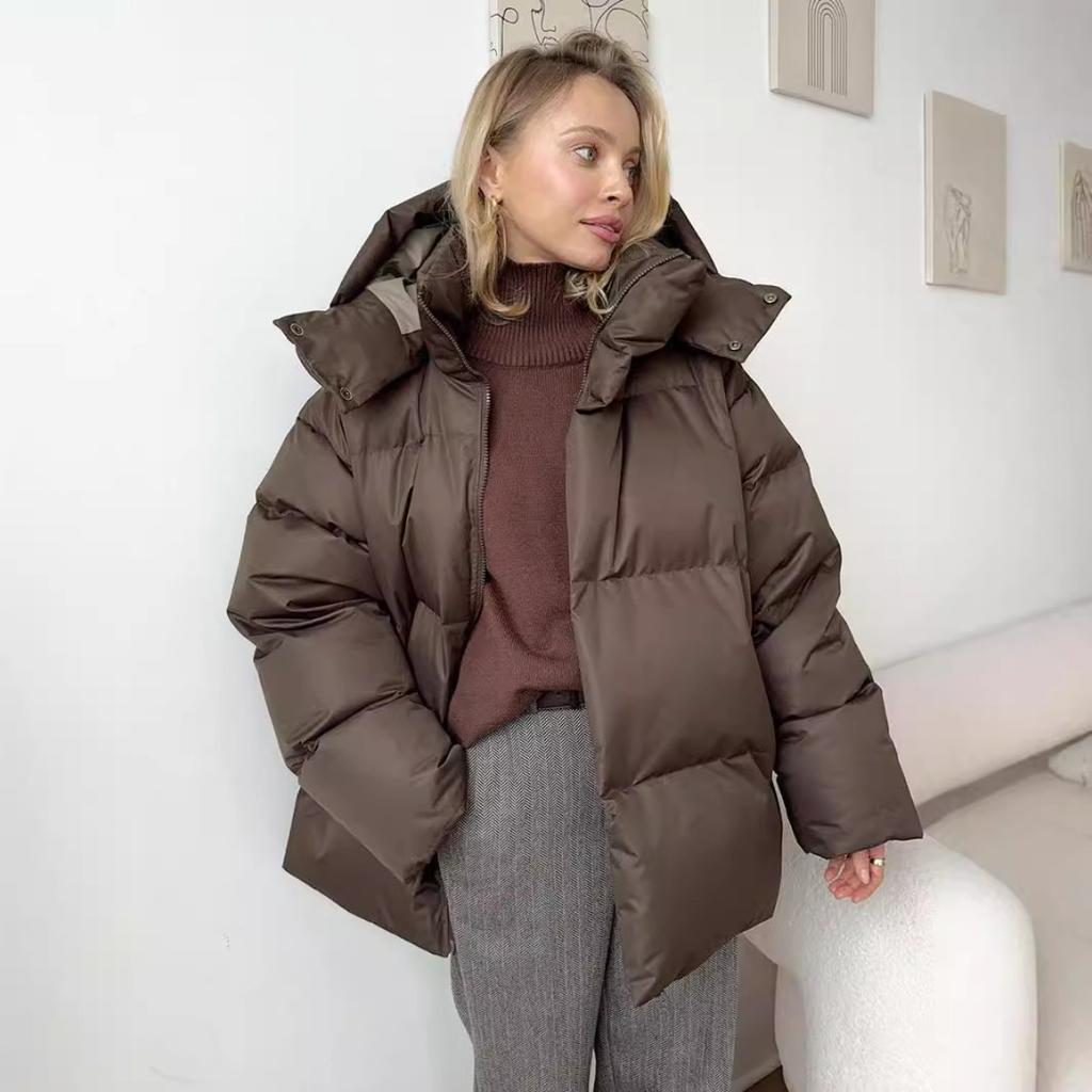 2025 Winter Women's Cotton Coat European American New Style Loose Puffer Jacket Solid Color Hooded Outerwear