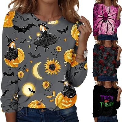 Damen Halloween Bedrucktes Rundhals Locker Langarm Oberteil
