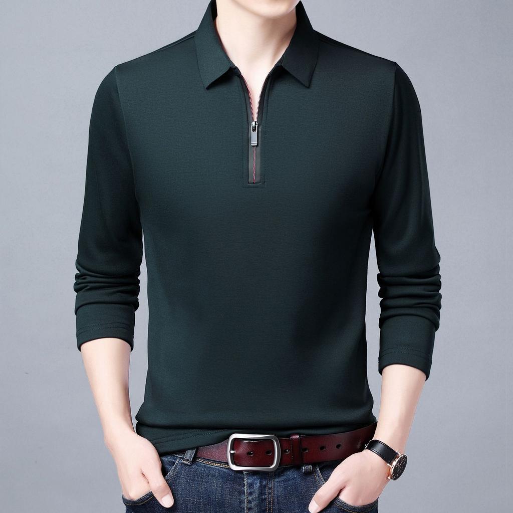 Men's Solid Polo Shirt Lapel Long-sleeved Polos Shirt Zipper Collar Fashion Spring and Autumn Thin Shirt Casual Loose Tops