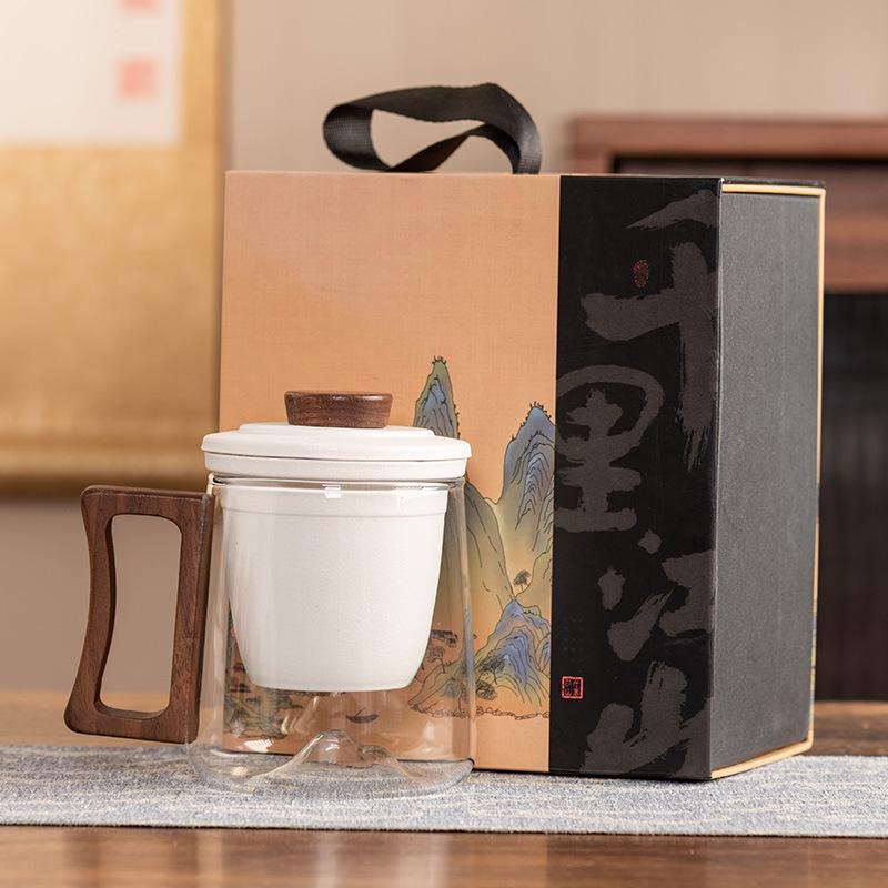 Black sandalwood handle office cup ceramic liner filter glass tea cup high-end anti-scalding gift box portable gift