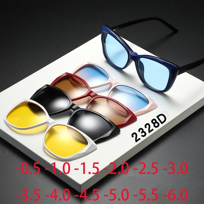 2328D New Retro Set Of Sunglasses For Women Butterfly Magnetic Clip Sun Glasses TR Cat Eyes Frame -0.5 -1.0 -2 to -6