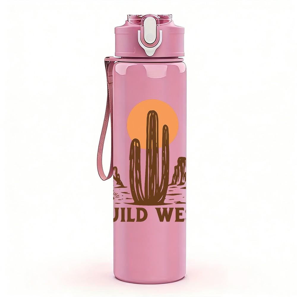 1PC Wild West Cactus Desert Print 750ml Color Plastic Sports Water Bottle Leakproof Flip Straw Lid Suitable for Sports Office Home Use