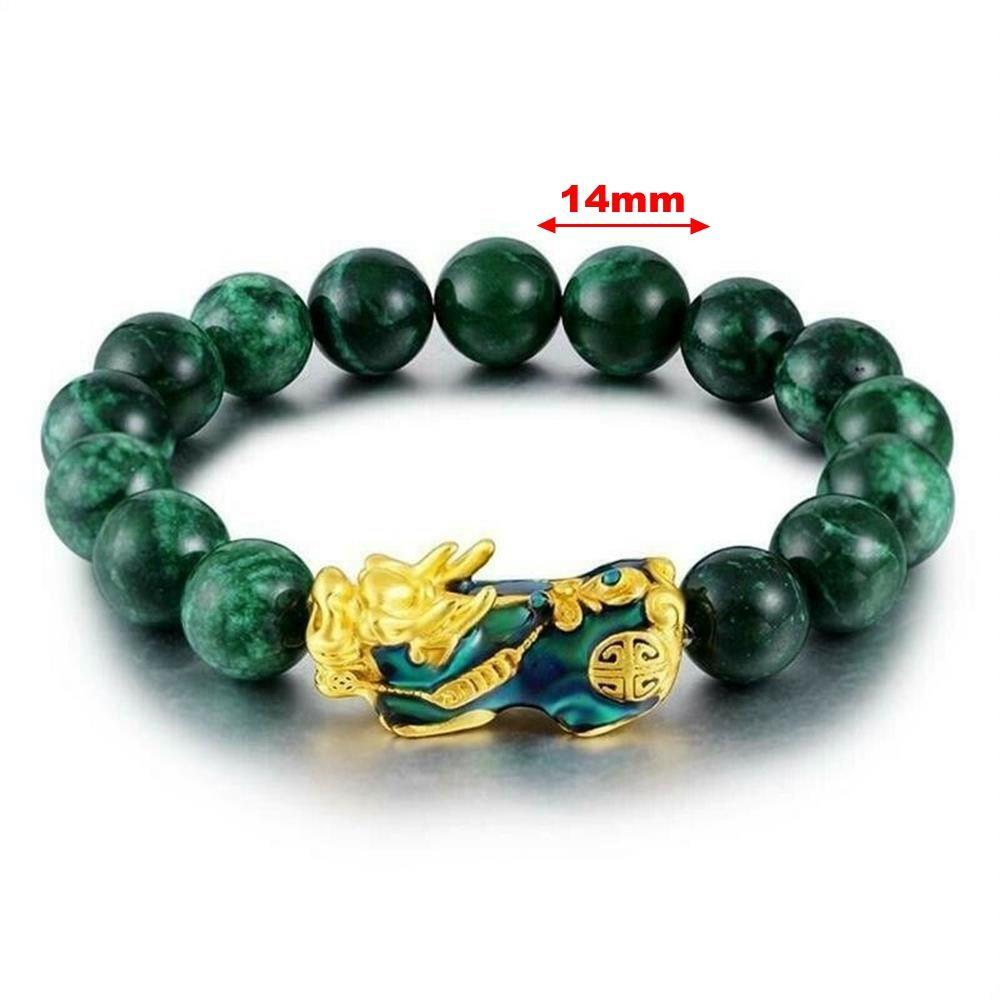 Stretchable Elastic New Blessing Jewelry Amulet Feng Shui Bracelet Bead Wristbands Green Obsidian Bangle Golden Pixiu Bracelet