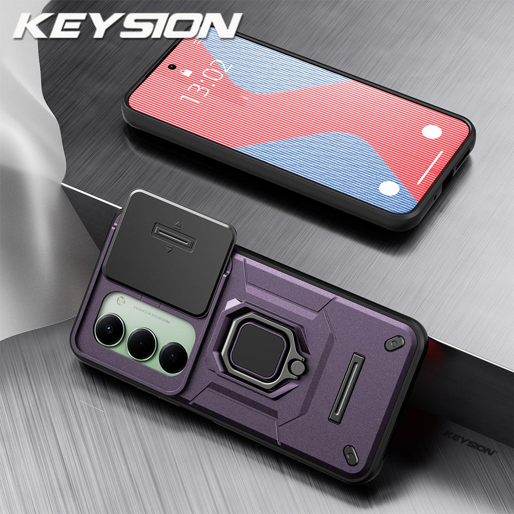 KEYSION Shockproof Armor Case for Redmi 15 169.5mm 171mm Slide Camera Lens Protection Metal Ring Stand Phone Cover for Redmi 5G