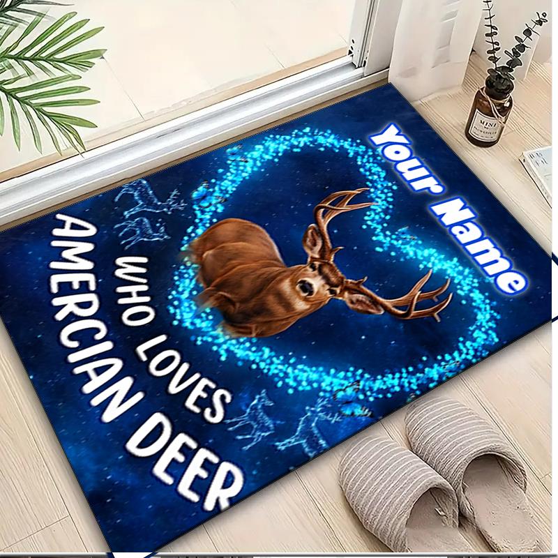 1PC Custom Name American Deer Love Theme Floor Mat Ideal for Living Room, Game Rooms, Office, Bedroom,Floor Mat Playful Design