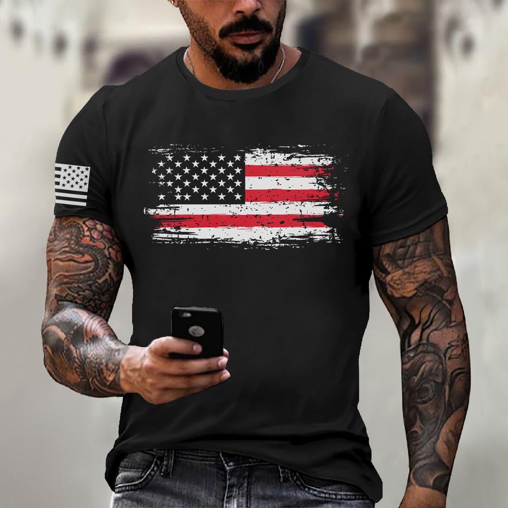 Men's Fashion Casual Short Sleeve Round Neck Independence Day Flag T-Shirt Top