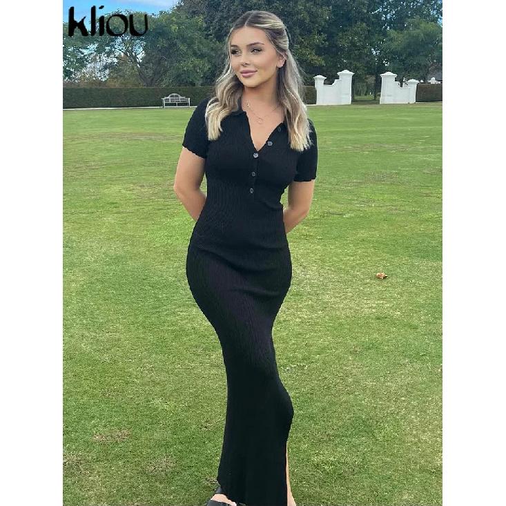 Elegant Office Lady Maxi Dress Women Solid Fashion Turn-down Collar Short Sleeve Button Side Slit Body-Shaping Street Robe
