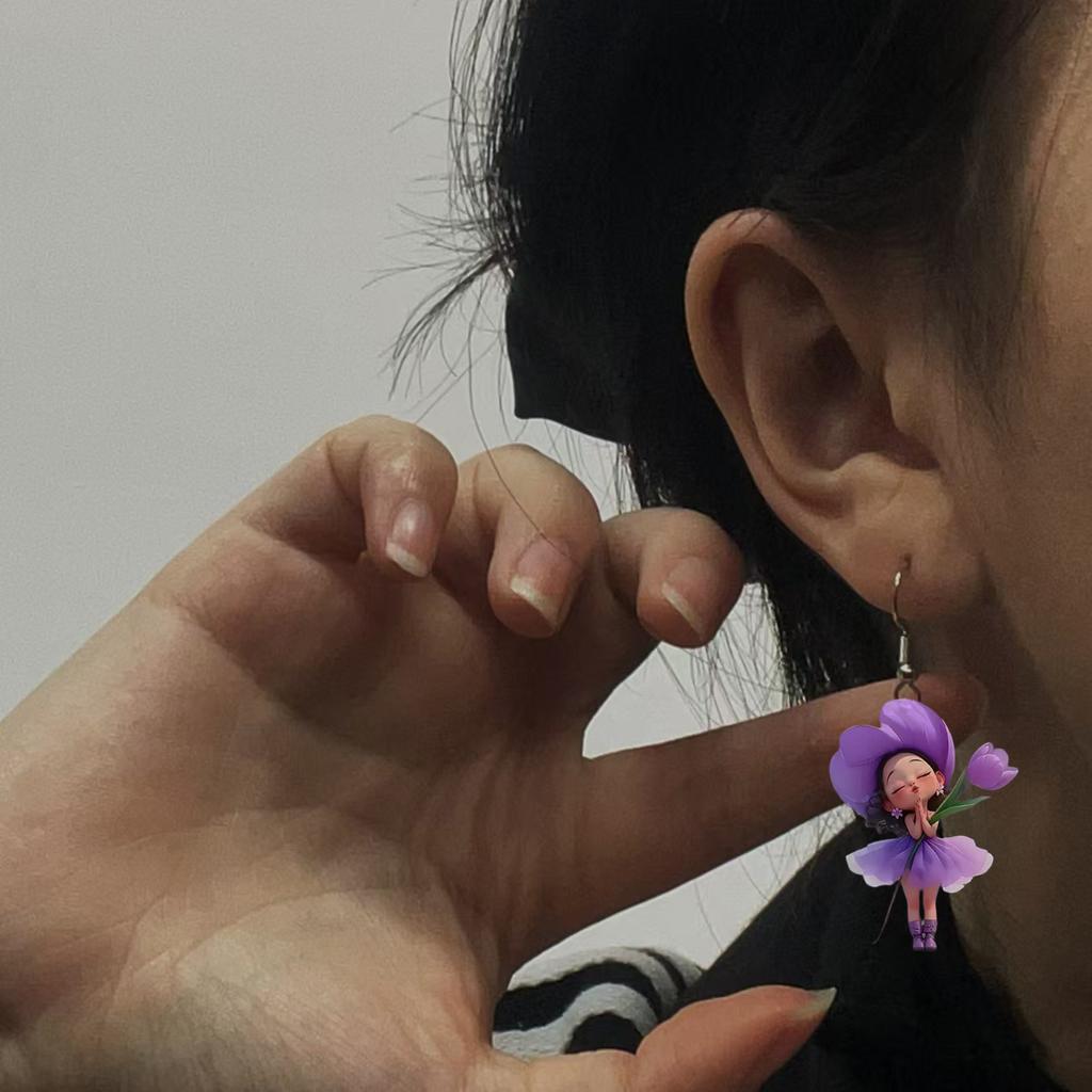 Purple Flower Fairy 2D Acrylic Earrings Cute Beautiful Flower Fairy Spring Summer Earrings