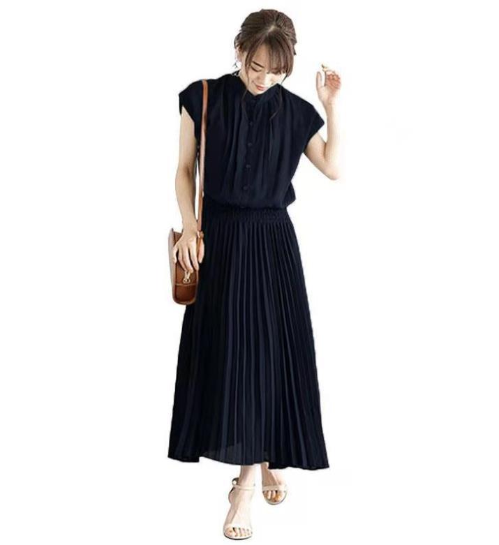 Women Sleeveless Stand Collar Dress Chiffon Pleated Midi Dress High Waist Slim Fit Solid Color Japanese Commuter Dress