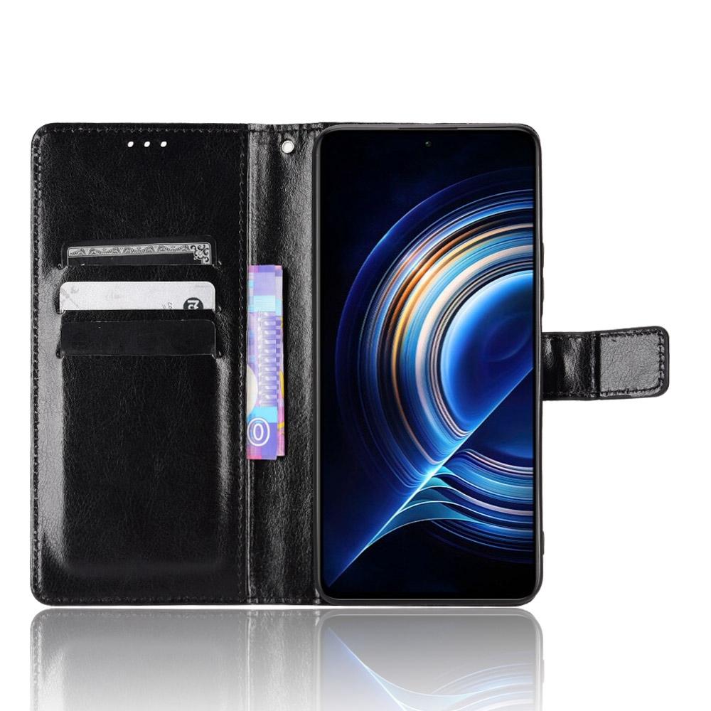 

For Xiaomi Poco F4 5G/Redmi K40S 5G Strap Drop-proof Split Leather+TPU Wallet Phone Case Crazy Horse Texture Stand Cell Phone Shell Black