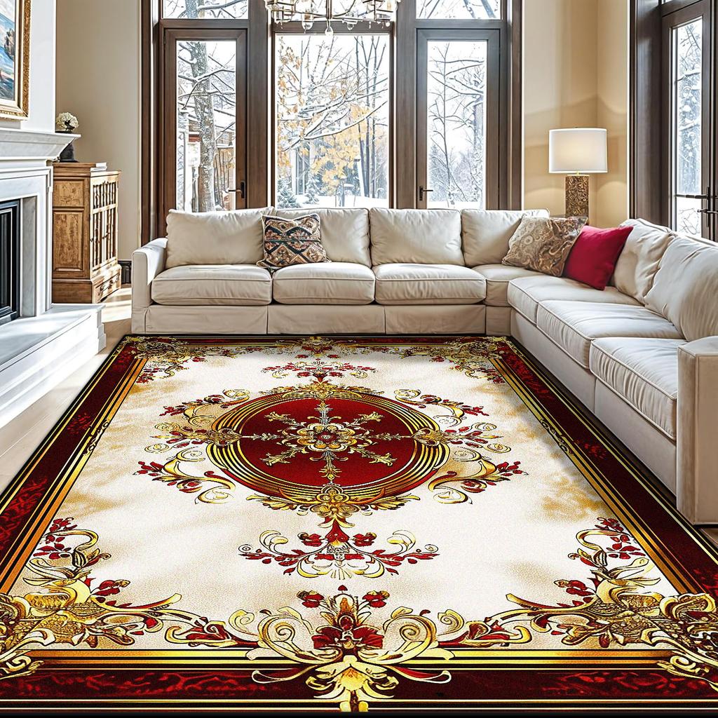 European Red Golden Large Area Rugs Living Room Decoration Home Sofa Area Carpet Gorgeous Bedroom Non-slip Floor Mat Washable