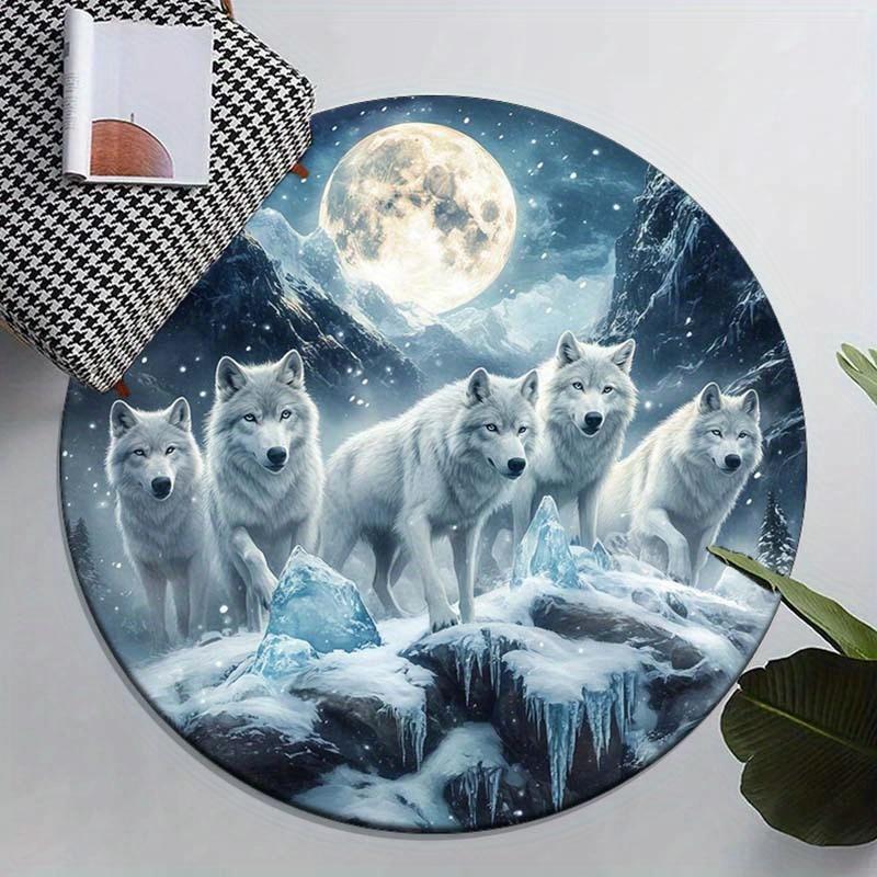 

Round Crystal Velvet Rug White Wolves MoonMountain Night Snow Landscape Wildlife Artistic Print Round Rug for Bedroom Home Decor 60cm x 60cm