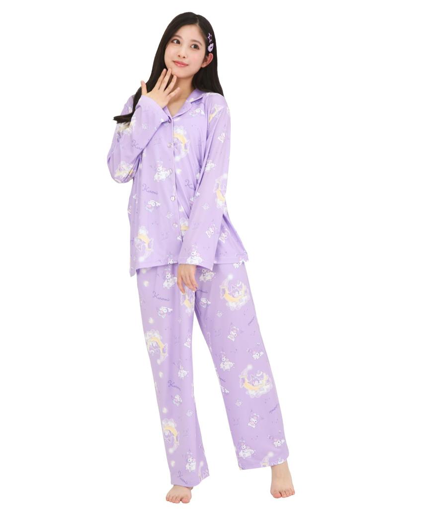 SAZAC Kuromi Shirt Pajamas, Powder Stretch, Women's, Long Sleeve and Pants Set, Loungewear (Purple/M/SAN1908)