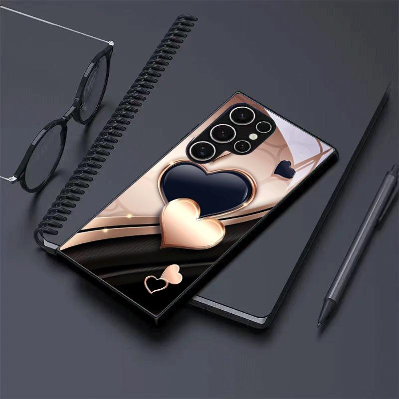 Pink gold heart-shaped patterned glass phone case suitable for Samsung Galaxy S26 S25 S24 S22 S21 S20 FE Ultra Plus5G anti drop