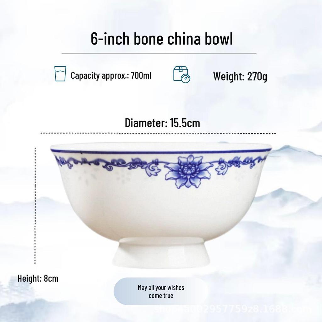 Blue and White High-Foot Bone China Noodle Bowl - Chinese-Style, Anti-Scald, Customizable for Birthdays