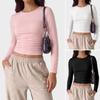 Women Side Ruched Long Sleeve Slim Fit Thin Sunscreen Casual Base T Shirt