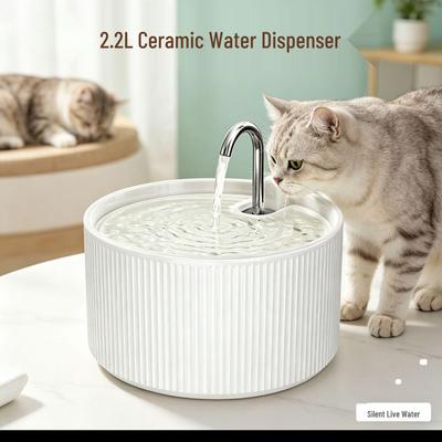 Ceramic Cat Water Fountain, 2.2L Automatic Dispenser with Filter & Silent Sensor Feeder