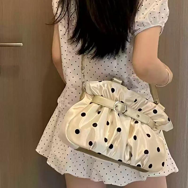 Champagne-colored Polka Dot Tote Bag Belt Buckle Decoration Large Capacity Handbag Stylish Satin Pleated Women's Shoulder Bag
