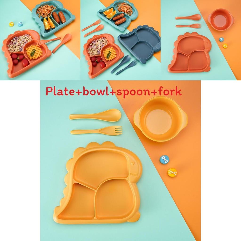 Cartoon Dinosaur Three Compartments Dinner Plate Spoon Fork Bowl Cutlery Set For Kids