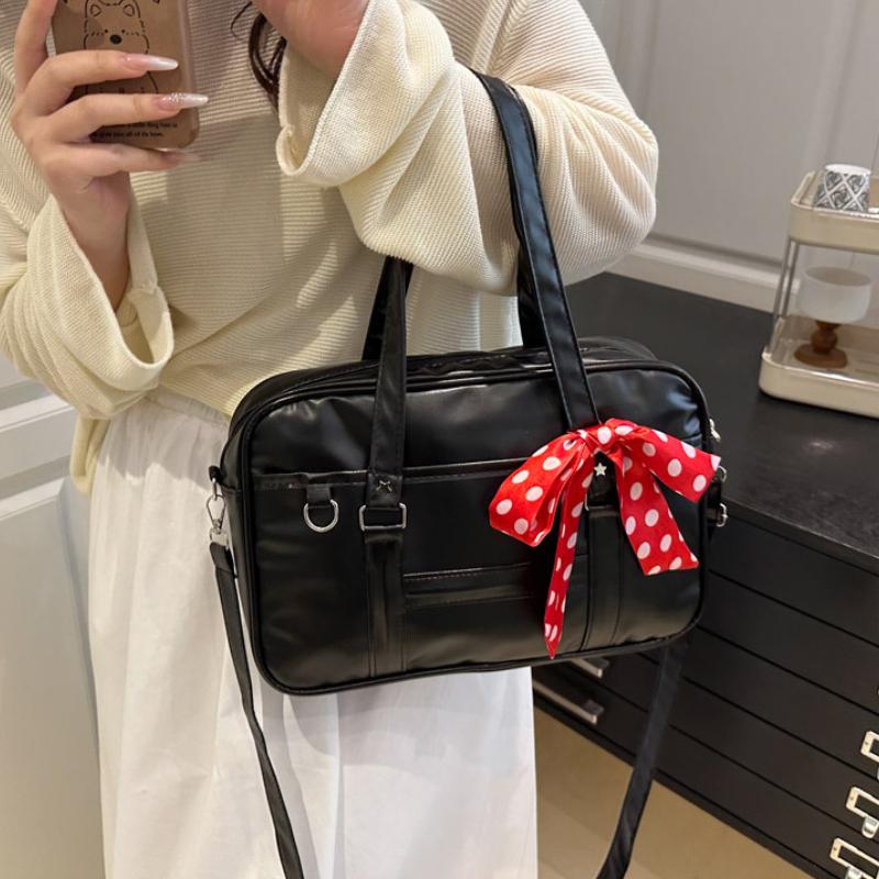 Large Capacity Women's Ribb Shoulder Bags PU Leather Daily Ladies Crossbody Bag Solid Color College Girls Laptop Tote Handbags
